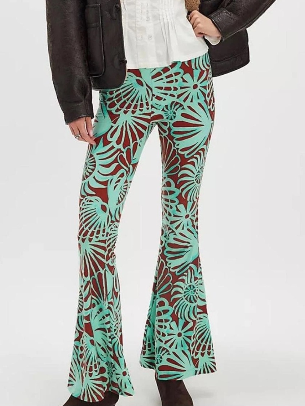 Free People Floral Print Flared Pants in Mint and Brown Size L